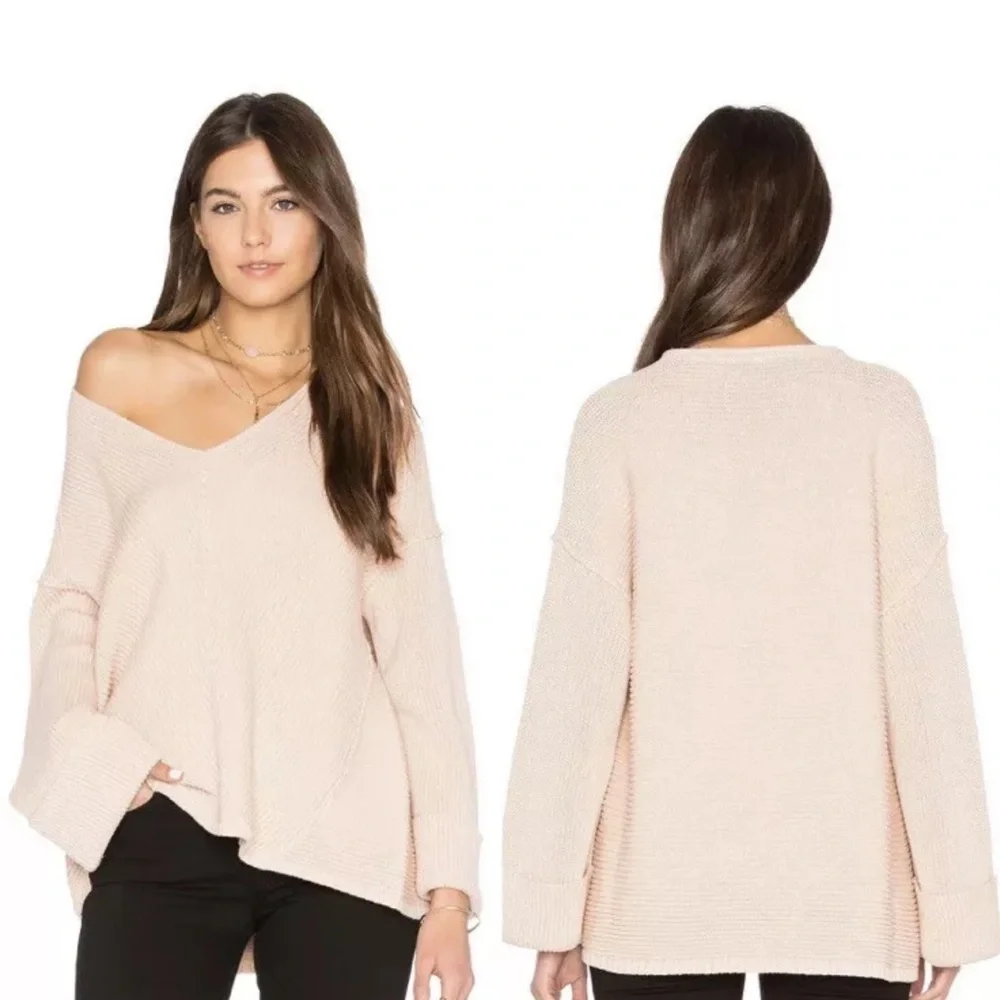 Free People La Brea Chunky Ribbed V-Neck Cream Sweater